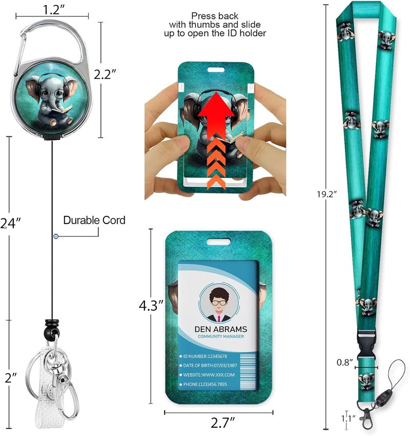 Piefly Lanyards for Id Badges, Cute Elephant Badge Holder with Retractable Heavy Duty Reel Belt Clip, Work Card Name Tag Lanyard Vertical ID Card Protector for Women Nurse Doctor Teacher Student - Image 5